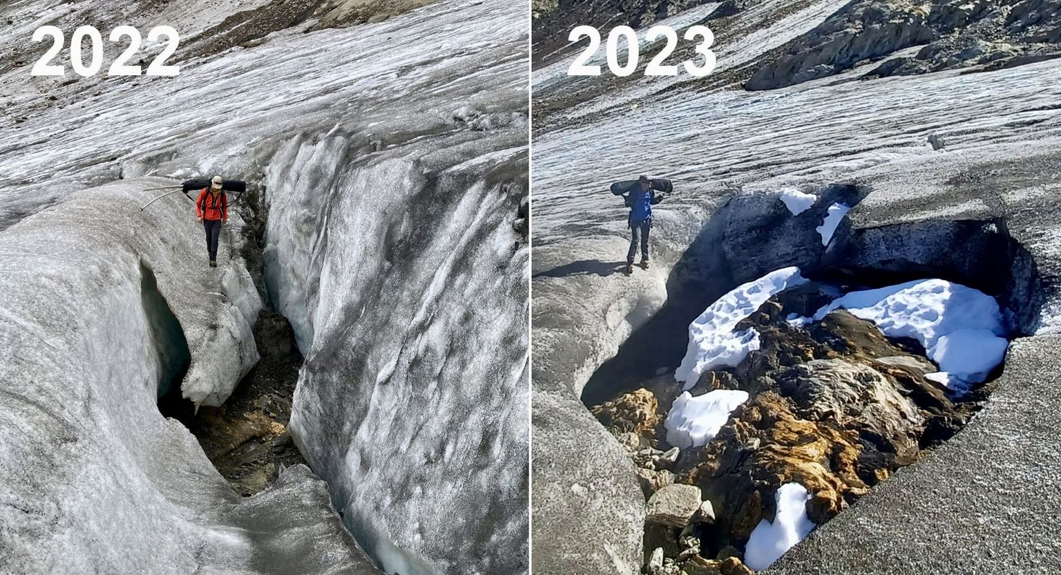 Le glacier de Gries (VS) fond de plus en plus rapidement: l’année dernière, on avait découvert de la roche au fond d’une crevasse au milieu du glacier. Depuis, un véritable îlot rocheux s’est formé.