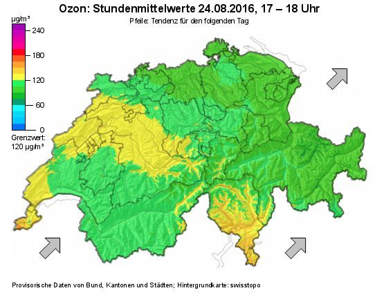 Der Ozon-Grenzwert wird in gewissen Teilen des Mittellandes bereits überschritten Der Ozon-Grenzwert wird in gewissen Teilen des Mittellandes bereits überschritten