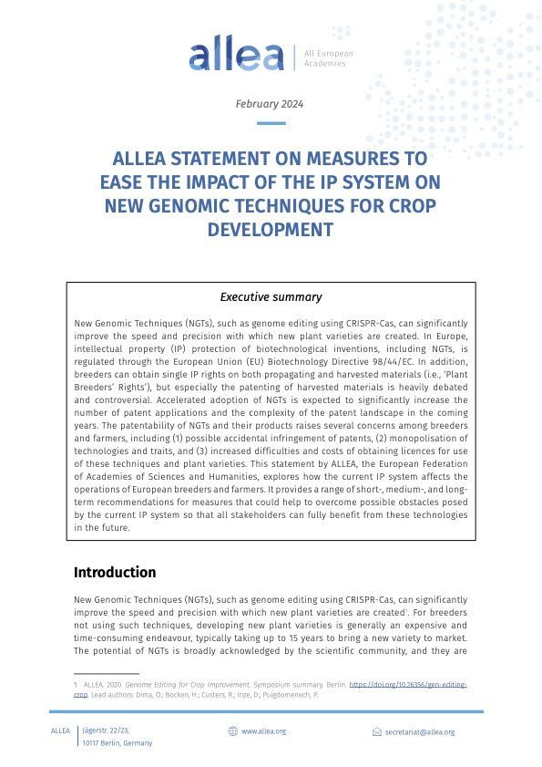 ALLEA position paper "Measures to ease the impact of the IP system on new genomic techniques for crop development"