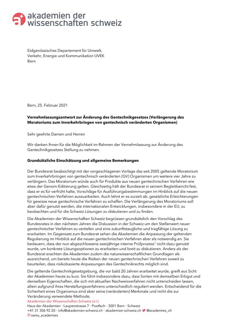 Akademien der Wissenschaften Schweiz (2021) Stellungnahme zum Gentechnik-Moratorium