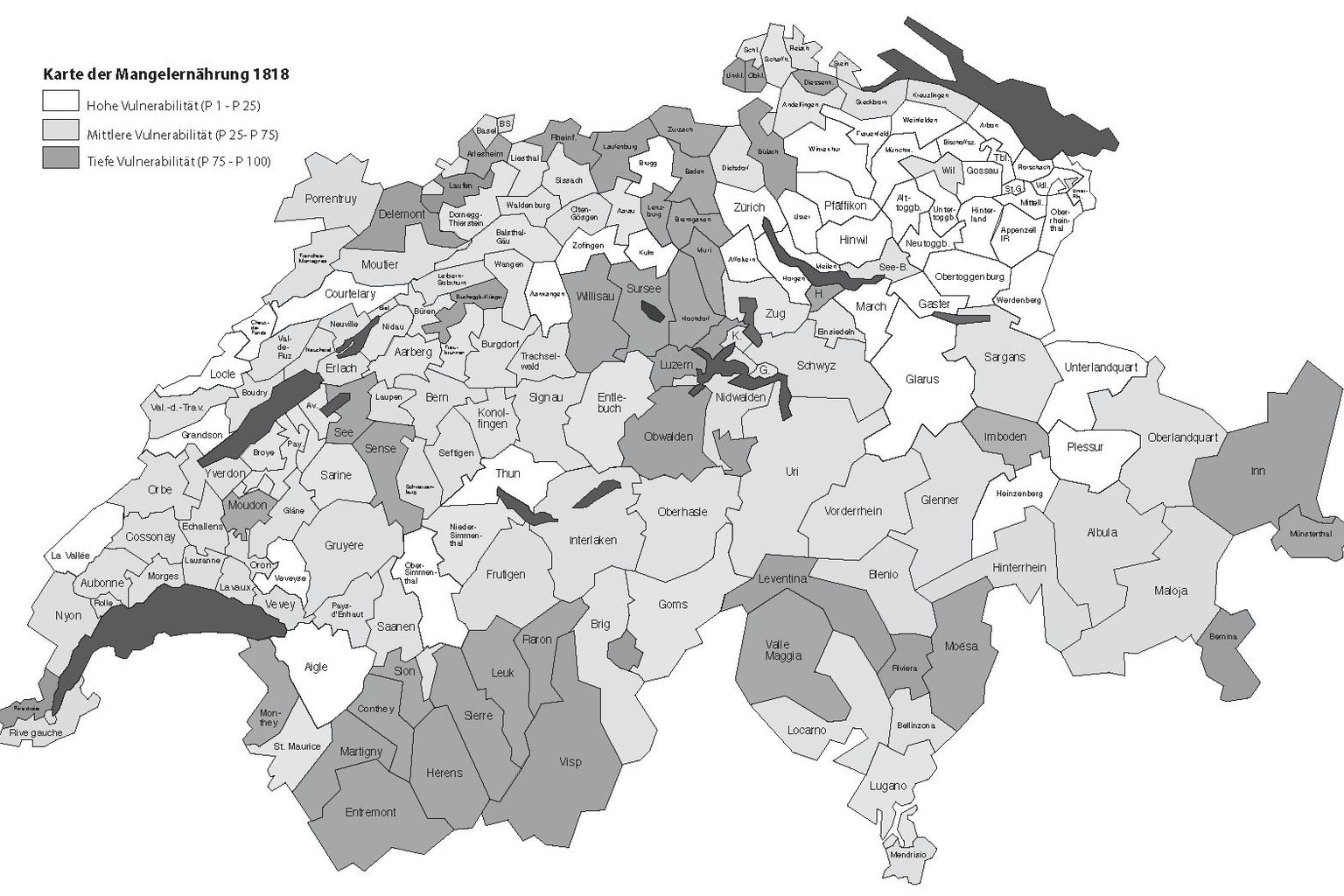 Karte der Mangelernährung 1818. Die weissen Bezirke wiesen eine hohe, die hellgrauen eine mittlere und die dunkelgrauen eine tiefe Verletzlichkeit auf. Die Karte widerspiegelt die demographischen Auswirkungen der Hungerkrise im Jahr 1817, die sich bei Geburten mit einer Verzögerung von neun Monaten zeigen. Karte der Mangelernährung 1818. Die weissen Bezirke wiesen eine hohe, die hellgrauen eine mittlere und die dunkelgrauen eine tiefe Verletzlichkeit auf. Die Karte widerspiegelt die demographischen Auswirkungen der Hungerkrise im Jahr 1817, die sich bei Geburten mit einer Verzögerung von neun Monaten zeigen.