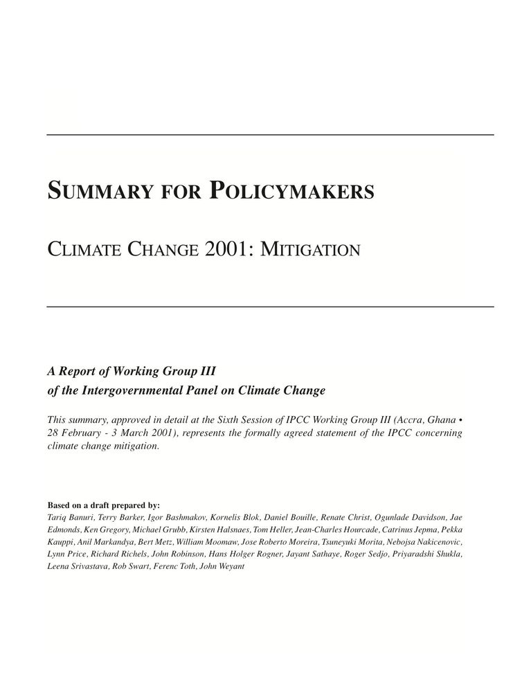 Summary for policymakers: IPCC AR3 WG III Report "Mitigation"