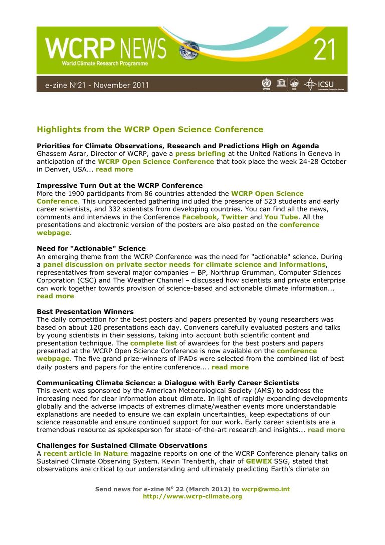 e-zine No 21: WCRP Newsletter e-zine No 21