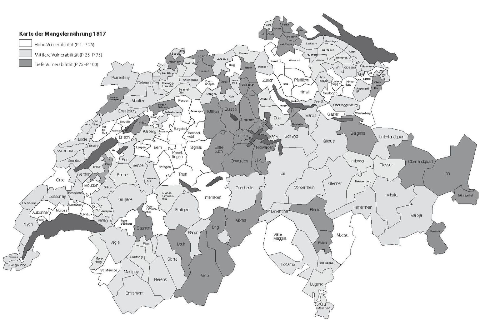 Karte der Mangelernährung 1817. Die weissen Bezirke wiesen eine hohe, die hellgrauen eine mittlere und die dunkelgrauen eine tiefe Verletzlichkeit auf. Die Karte widerspiegelt die demographischen Auswirkungen der Hungerkrise im Jahr 1816, die sich bei Geburten mit einer Verzögerung von neun Monaten zeigen. Karte der Mangelernährung 1817. Die weissen Bezirke wiesen eine hohe, die hellgrauen eine mittlere und die dunkelgrauen eine tiefe Verletzlichkeit auf. Die Karte widerspiegelt die demographischen Auswirkungen der Hungerkrise im Jahr 1816, die sich bei Geburten mit einer Verzögerung von neun Monaten zeigen.