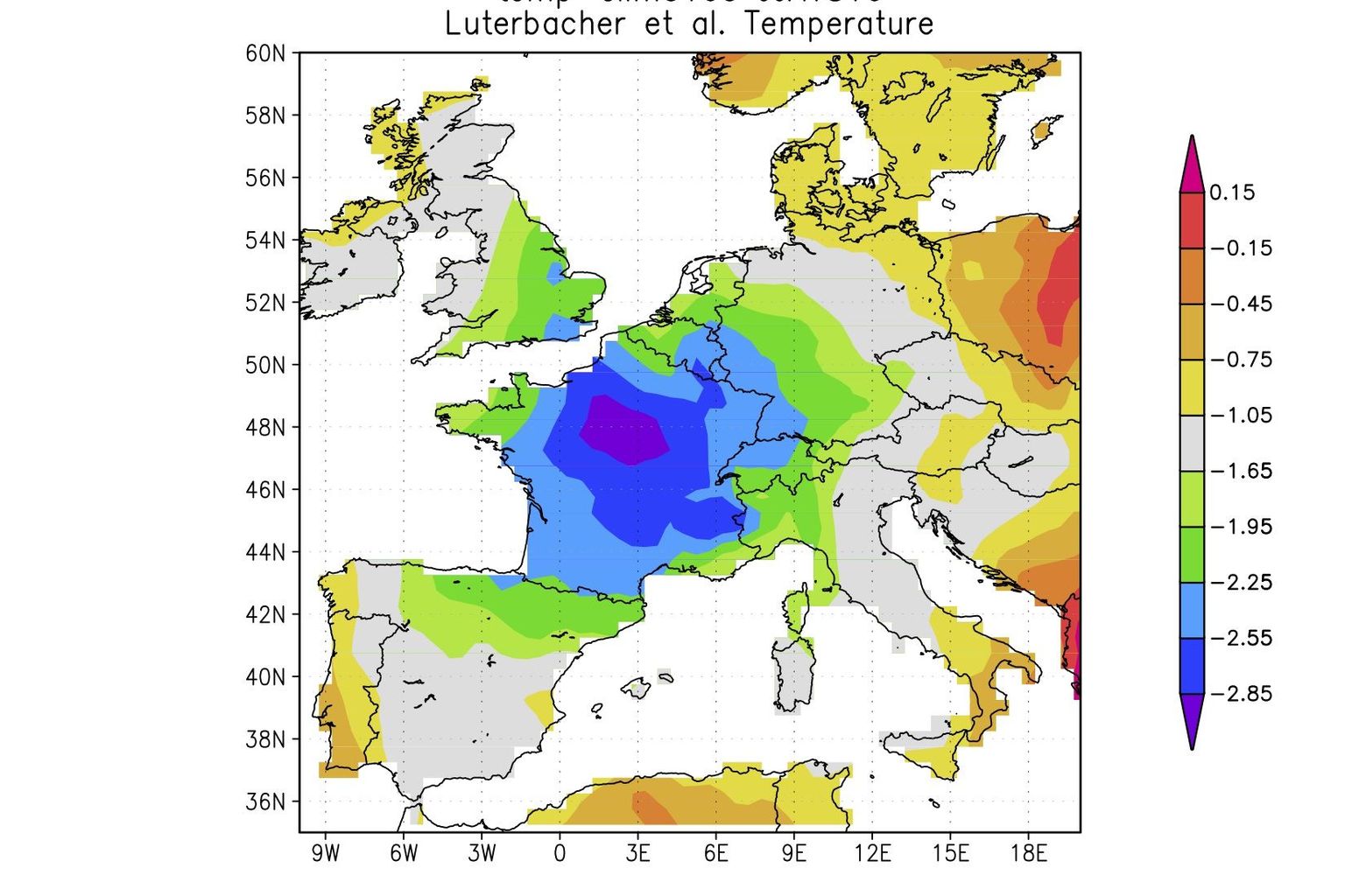 Les anomalies de température en Europe durant l'été 1816. Les régions violettes et bleues furent les plus froides, en rouge les plus chaudes.