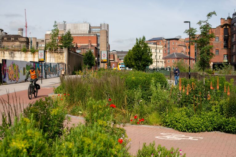 Cities are a major source of human-induced climate change, but can also be a big part of the solution. Here the example of the Grey to Green development in Sheffield, South Yorkshire, UK. The Grey to Green development has created a network of new paths and cycleways and transformed an area that was previously tarmac into a green public space. Cities are a major source of human-induced climate change, but can also be a big part of the solution. Here the example of the Grey to Green development in Sheffield, South Yorkshire, UK. The Grey to Green development has created a network of new paths and cycleways and transformed an area that was previously tarmac into a green public space.