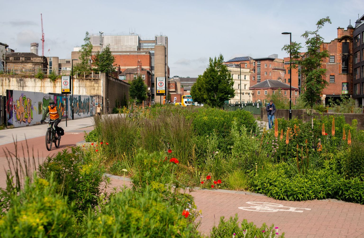Cities are a major source of human-induced climate change, but can also be a big part of the solution. Here the example of the Grey to Green development in Sheffield, South Yorkshire, UK. The Grey to Green development has created a network of new paths and cycleways and transformed an area that was previously tarmac into a green public space. Cities are a major source of human-induced climate change, but can also be a big part of the solution. Here the example of the Grey to Green development in Sheffield, South Yorkshire, UK. The Grey to Green development has created a network of new paths and cycleways and transformed an area that was previously tarmac into a green public space.