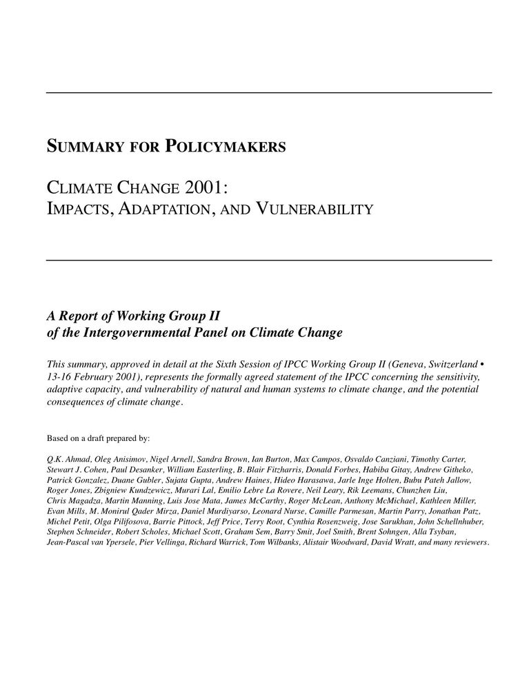 Summary for Policymakers: IPCC AR3 WG II Report "Impacts, Adaptation, and Vulnerability"