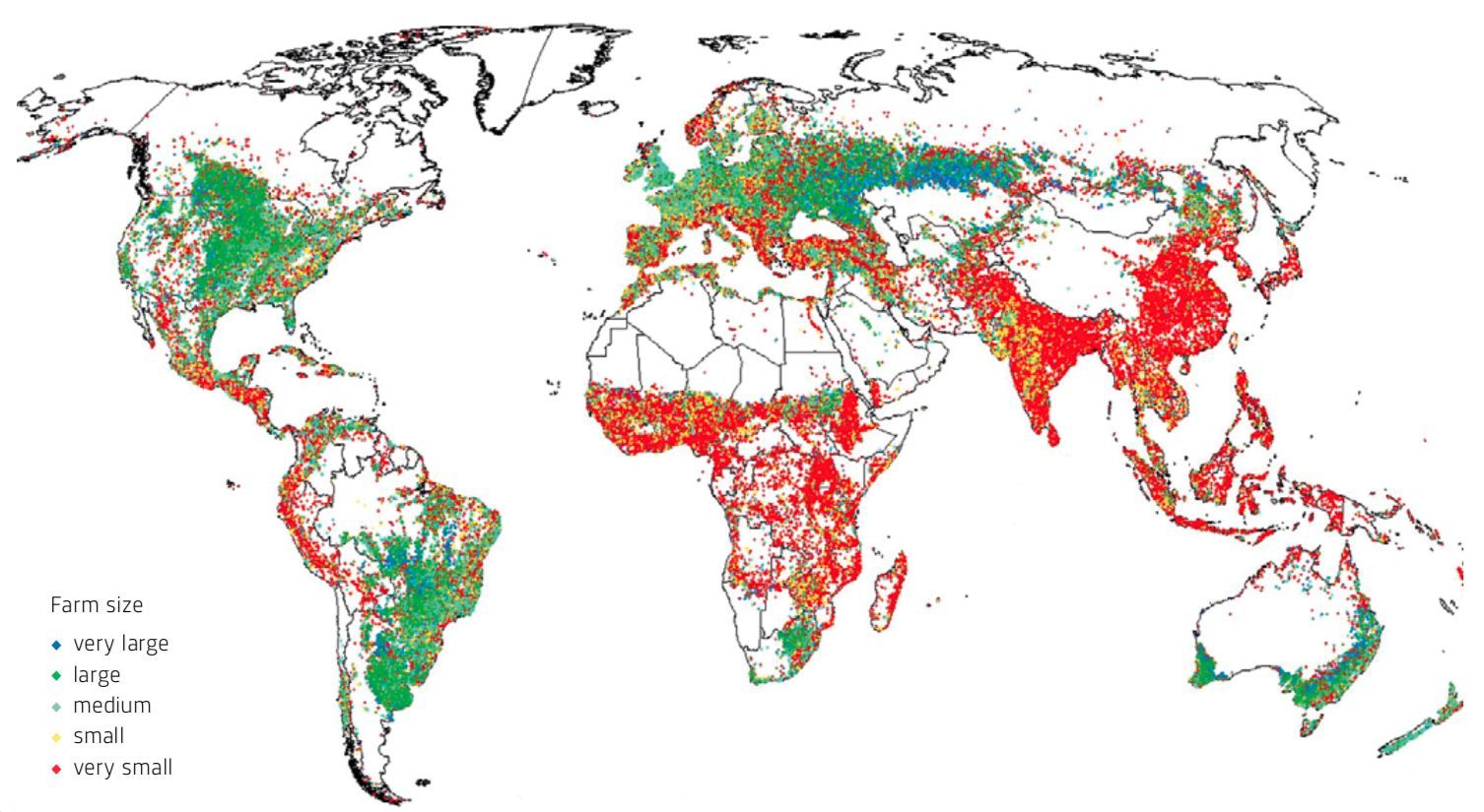 Globale räumliche Verteilung der vorherrschenden landwirtschaftlichen Betriebsfläche. (Daten aus dem Jahr 2011, Karte aus Lesiv et al. 2018) Globale räumliche Verteilung der vorherrschenden landwirtschaftlichen Betriebsfläche. (Daten aus dem Jahr 2011, Karte aus Lesiv et al. 2018)