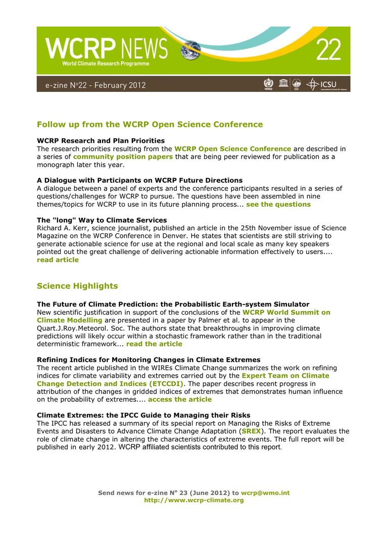 e-zine No 22: WCRP Newsletter e-zine No 22