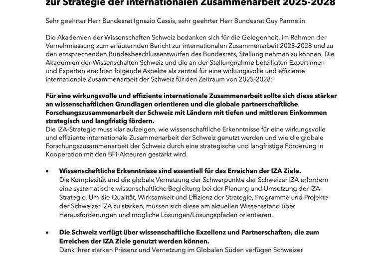 Stellungnahme Akademien Schweiz zur IZA Strategie 2025-2028