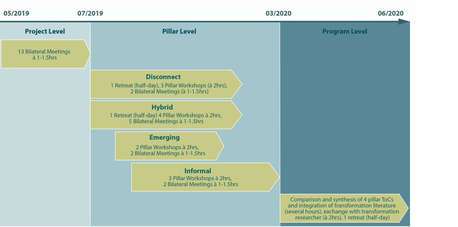 Figure 3: Time-line of ToC development process at project, pillar and program level (Deutsch et al. 2021)