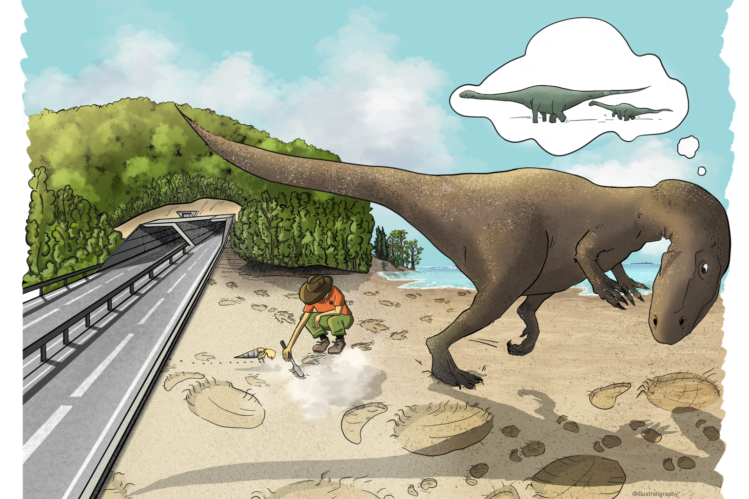 La construction de l'autoroute a permis la découverte d'un riche patrimoine paléontologique dans le Jura. Artiste: Lucie Thibaut (@illustratigraphy) La construction de l'autoroute a permis la découverte d'un riche patrimoine paléontologique dans le Jura. Artiste: Lucie Thibaut (@illustratigraphy)