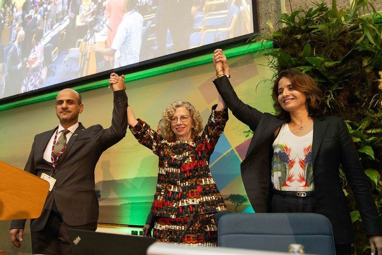 Inger Andersen Executive Director of UNEP and  Leila Benali, President of UNEA-6 during the Closing Plenary of the sixth session of UN Environment Assembly
