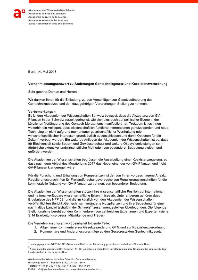 Prise de position: Réglementation sur la coexistence (2013, Académies suisses des sciences)