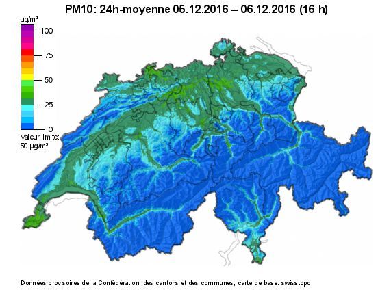 La carte présente la charge actuelle en poussières fines de la Suisse. Elle est calculée chaque heure au moyen d'un procédé d'interpolation statistique qui tient compte des données relevées par les stations de mesures. La carte présente la charge actuelle en poussières fines de la Suisse. Elle est calculée chaque heure au moyen d'un procédé d'interpolation statistique qui tient compte des données relevées par les stations de mesures.