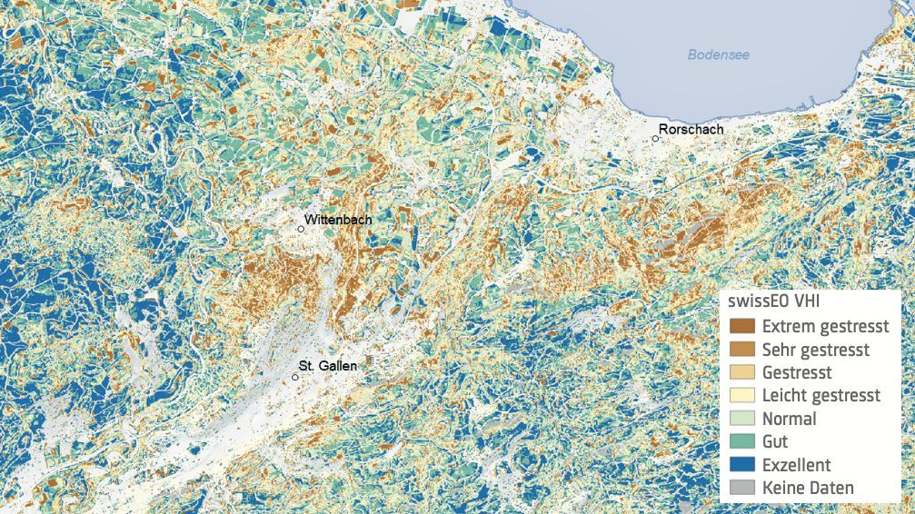 Extrait du site secheresse.ch du 28 avril 2025 : fin avril 2025, la Vallée du Rhin était plutôt sèche. Chaque bâton représente une semaine calendaire. Les bâtons les plus à droite (hachurés) montrent les prévisions jusqu’à fin mai, assortis de l’incertitude correspondante. Extrait du site secheresse.ch du 28 avril 2025 : fin avril 2025, la Vallée du Rhin était plutôt sèche. Chaque bâton représente une semaine calendaire. Les bâtons les plus à droite (hachurés) montrent les prévisions jusqu’à fin mai, assortis de l’incertitude correspondante.