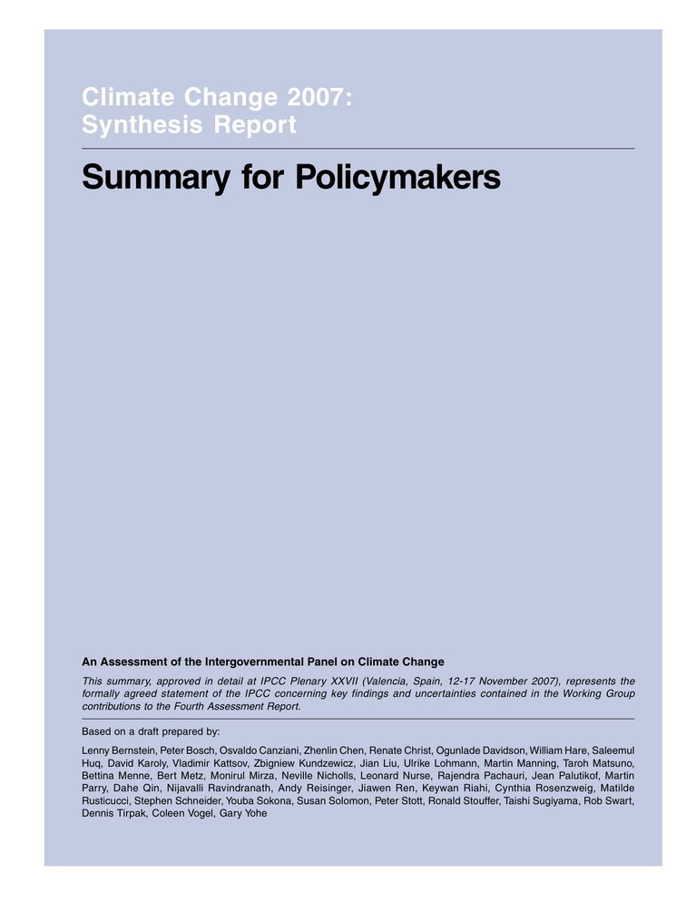 Summary for policymakers: IPCC AR4 Synthesis Report