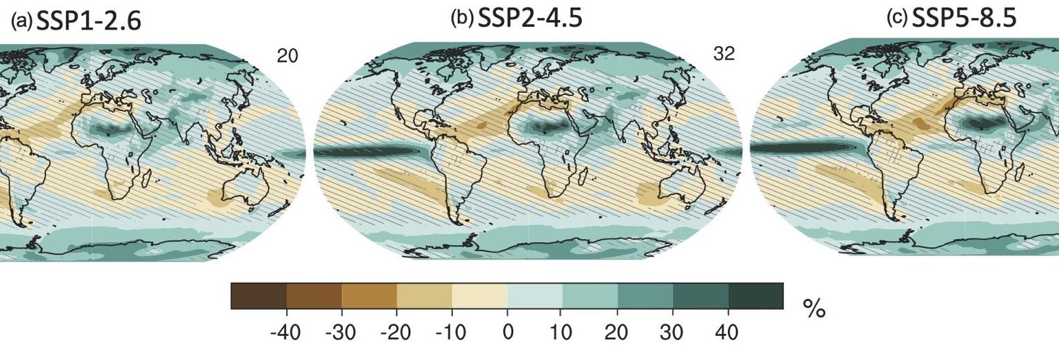 Mittel der Veränderungen der Jahresniederschläge über alle Modelle, die in den unterschiedlichen Emissionsszenarien a, b und c ein globales Erwärmungsniveau von 2 Grad Celsius gegenüber 1850 bis 1900 erreichen. Die mittleren regionalen Niederschlagsänderungen bei einer Erwärmung von 2 Grad Celsius unterscheiden sich zwischen den Szenarien deutlich weniger als zwischen den einzelnen Modellen oder sogar durch Zufall, das heisst durch natürliche Schwankungen im Klimasystem. Deshalb werden auch Karten der Niederschlagsänderungen im Sechsten Sachstandsbericht für verschiedene Erwärmungslevels dargestellt. Mittel der Veränderungen der Jahresniederschläge über alle Modelle, die in den unterschiedlichen Emissionsszenarien a, b und c ein globales Erwärmungsniveau von 2 Grad Celsius gegenüber 1850 bis 1900 erreichen. Die mittleren regionalen Niederschlagsänderungen bei einer Erwärmung von 2 Grad Celsius unterscheiden sich zwischen den Szenarien deutlich weniger als zwischen den einzelnen Modellen oder sogar durch Zufall, das heisst durch natürliche Schwankungen im Klimasystem. Deshalb werden auch Karten der Niederschlagsänderungen im Sechsten Sachstandsbericht für verschiedene Erwärmungslevels dargestellt.
