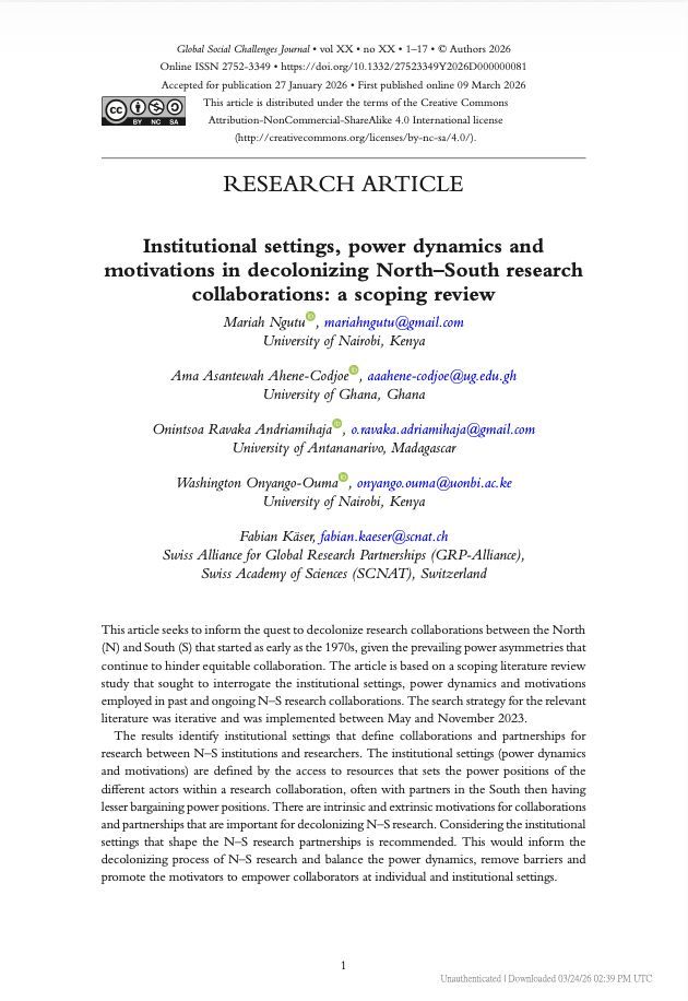 Institutional settings, power dynamics and motivations in decolonizing North–South research collaborations: a scoping review Institutional settings, power dynamics and motivations in decolonizing North–South research collaborations: a scoping review