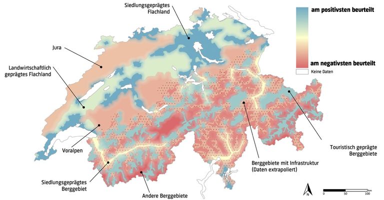 Die Illustration zeigt, wie die Bevölkerung in einer repräsentativen Online-Befragung Anlagen erneuerbarer Energien in grossflächig ausgeschiedenen Charakterlandschaften beurteilt. Das siedlungsgeprägte Flachland wurde in der Umfrage hinsichtlich einer Entwicklung durch Anlagen erneuerbarer Energien vergleichsweise positiv bewertet. Die Illustration zeigt, wie die Bevölkerung in einer repräsentativen Online-Befragung Anlagen erneuerbarer Energien in grossflächig ausgeschiedenen Charakterlandschaften beurteilt. Das siedlungsgeprägte Flachland wurde in der Umfrage hinsichtlich einer Entwicklung durch Anlagen erneuerbarer Energien vergleichsweise positiv bewertet.