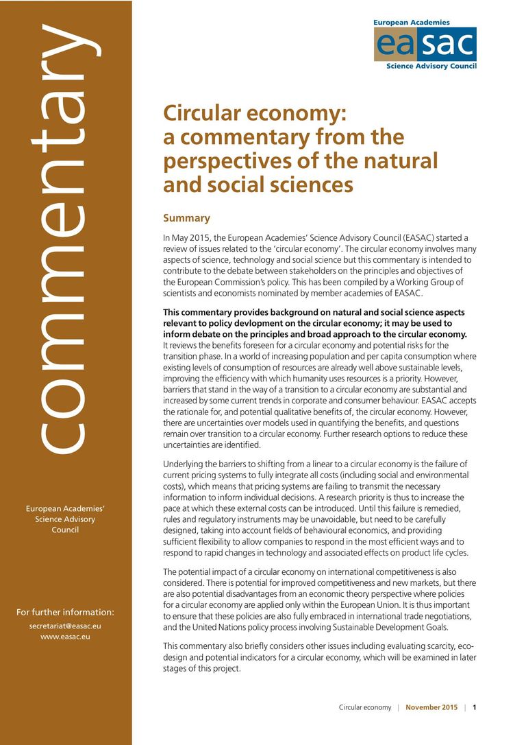 EASAC Commentary "Circular economy: a commentary from the perspectives of the natural and social sciences"