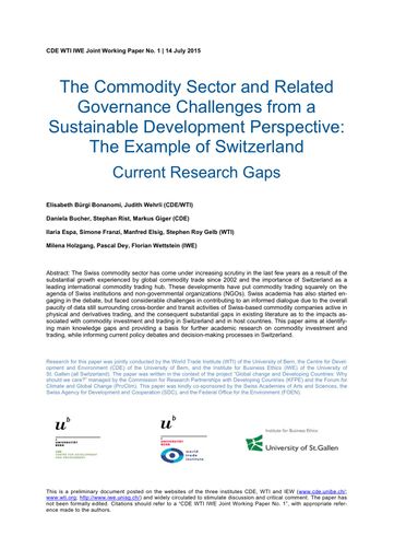 The Commodity Sector and Related Governance Challenges from a Sustainable Development Perspective: The Example of Switzerland Current Research Gaps
