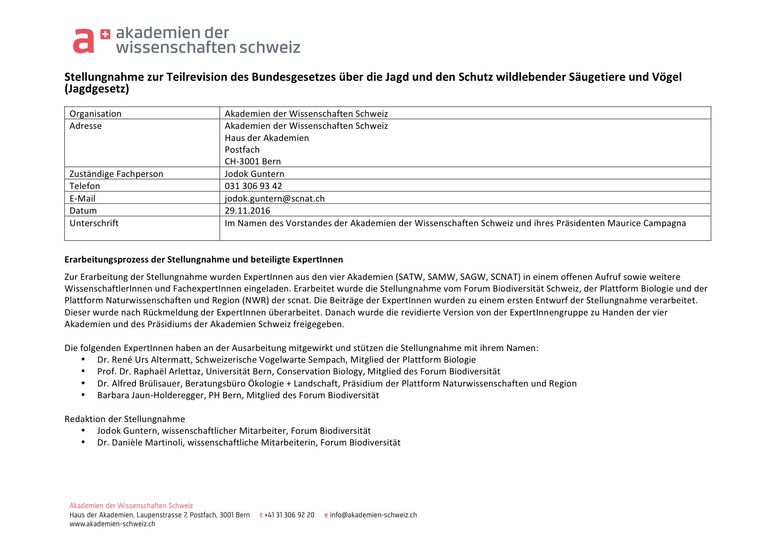 Stellungnahme der Akademien Schweiz zur Teilrevision des Jagdgesetzes