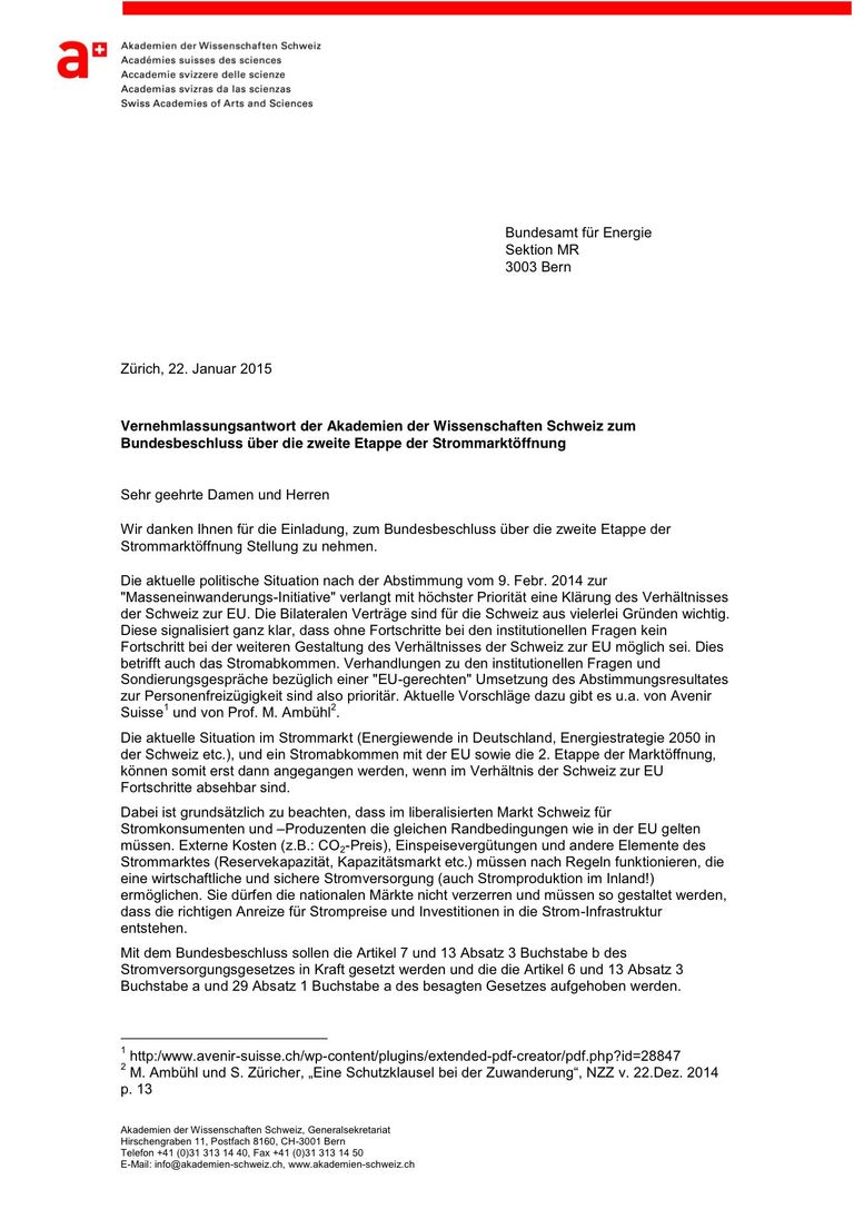 Stellungnahme der Akademien Schweiz: Fragezeichen hinter der vollständigen Öffnung des Schweizer Strommarkts mit der EU (2015)