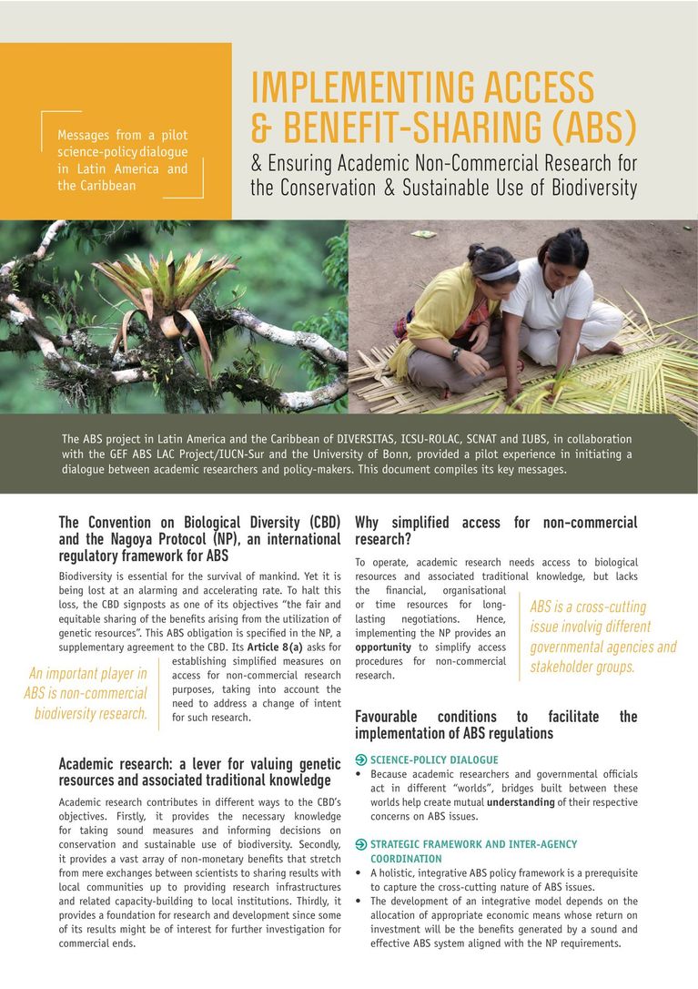 2-page key messages: Implementing Access & Benefit-Sharing (ABS) & Ensuring Academic Non-Commercial Research for the Conservation & Sustainable Use of Biodiversity.