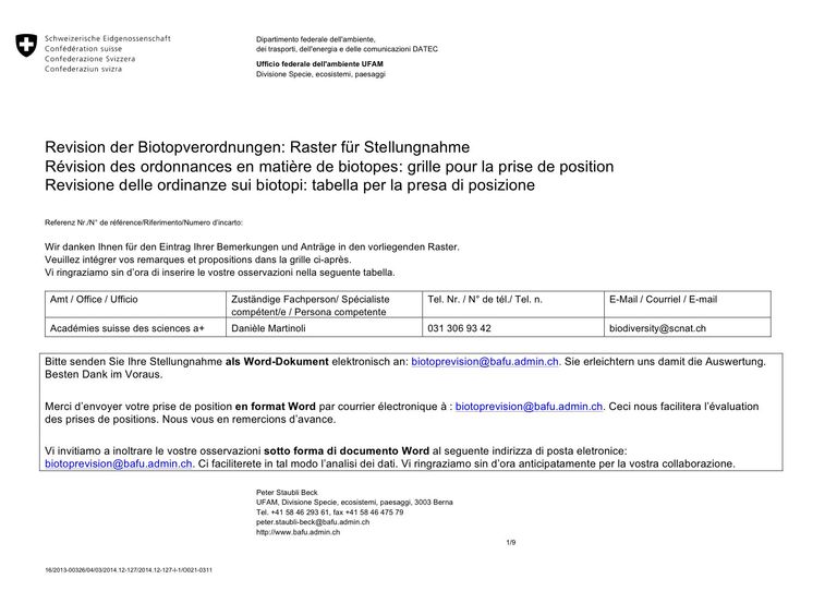 Position des Académies suisses des sciences sur la révision des ordonnances concernant la protection des biotopes et des sites marécageux d'importance nationale