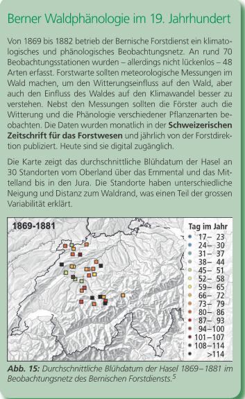 Durchschnittliche Blühdatum der Hasel 1869–1881 im Beobachtungsnetz des Bernischen Forstdiensts.5