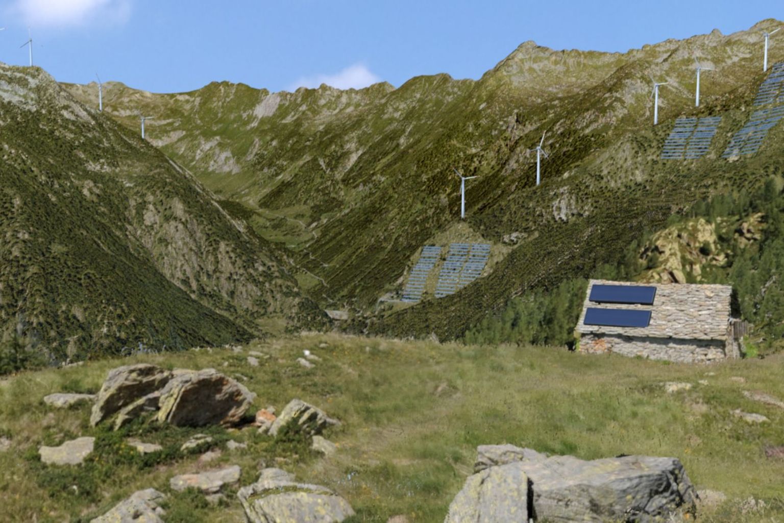 Visualisations de paysages en 3D dans le cadre du projet Energyscape avec beaucoup ou peu d'infrastructures énergétiques.