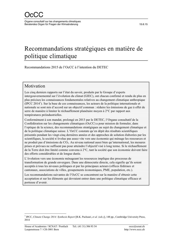 Recommandations 2015 de l’OcCC à l’intention du DETEC