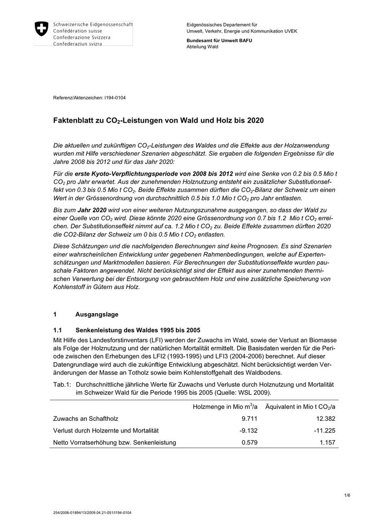 Faktenblatt: CO2-Leistungen von Wald und Holz bis 2020