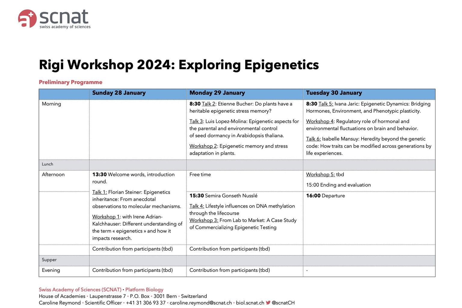 Rigi Workshop 2024 - Preliminary programme