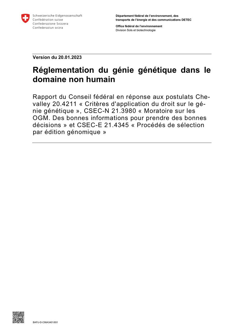 Conseil fédéral (2023) Réglementation du génie génétique dans le domaine non humain
