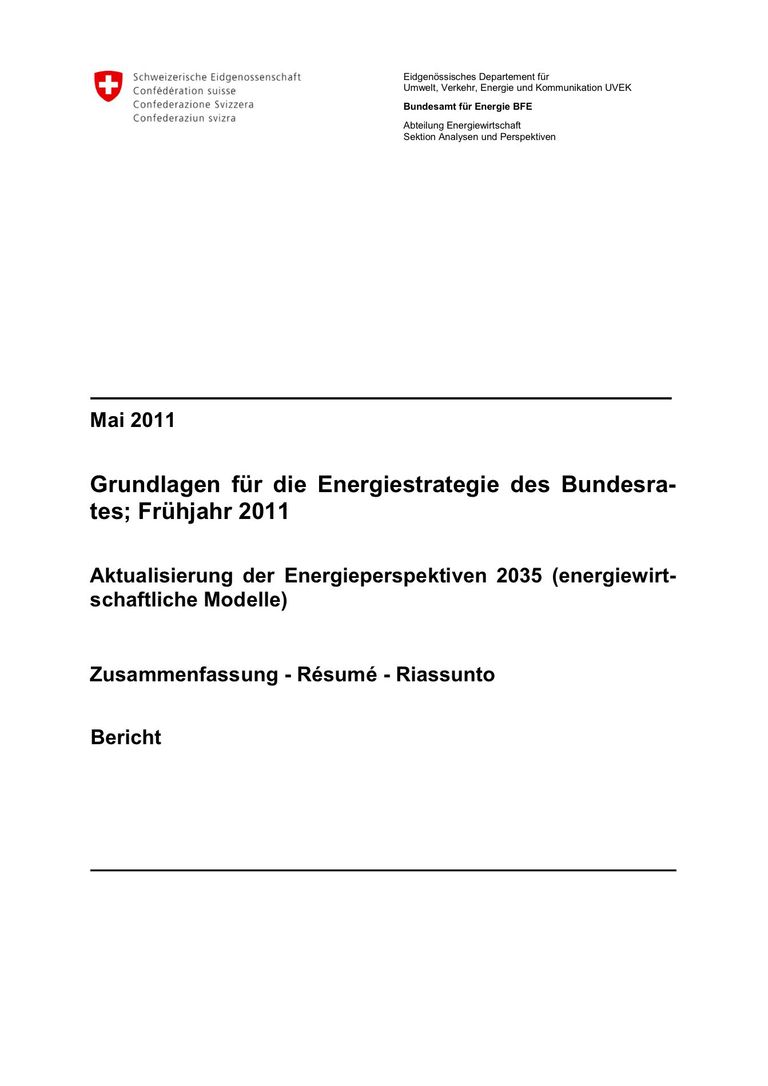 Ganzer Bericht: Energiestrategie des Bundesrates bis 2050 - Gesamter Bericht