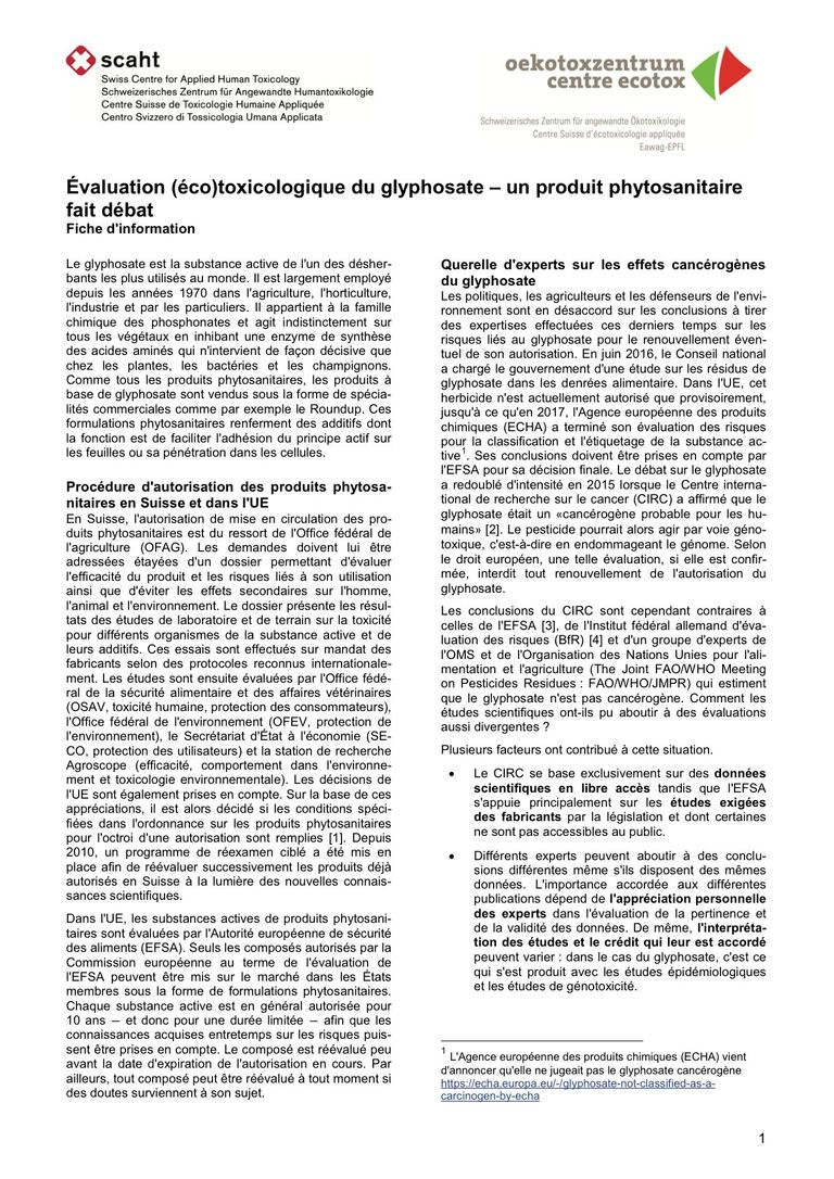 Évaluation (éco)toxicologique du glyphosate – un produit phytosanitaire fait débat