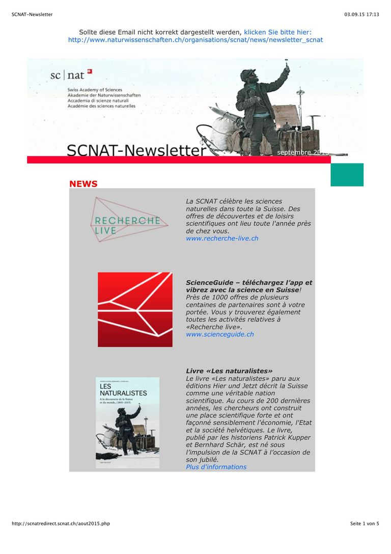 Newsletter SCNAT (septembre 2015)