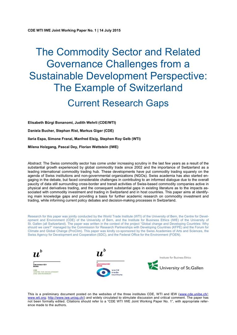 WTI Working Paper July 2015: The Commodity Sector and Related Governance Challenges from a Sustainable Development Perspective: The Example of Switzerland