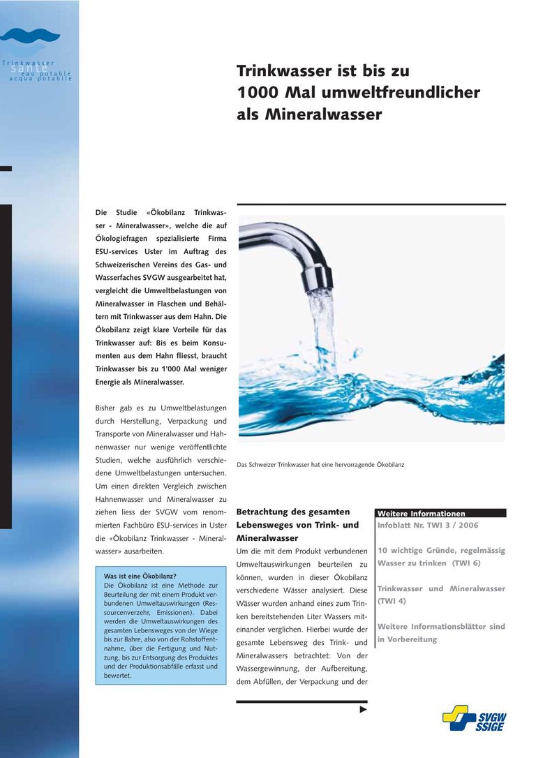 Infoblatt herunterladen: Trinkwasser und Mineralwasser im Vergleich