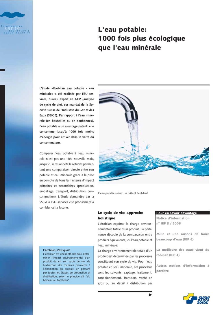 Télécharger la fiche d'information: L'eau potable en comparaison de l'eau minérale