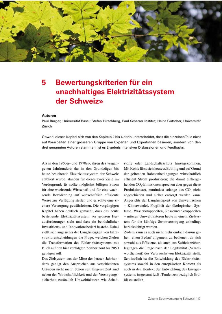 5 Bewertungsskriterien: 5 Bewertungskriterien für ein «nachhaltiges Elektrizitätssystem der Schweiz»