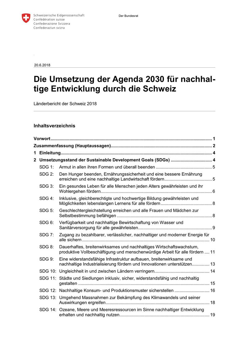 Die Umsetzung der Agenda 2030 für nachhaltige Entwicklung durch die Schweiz