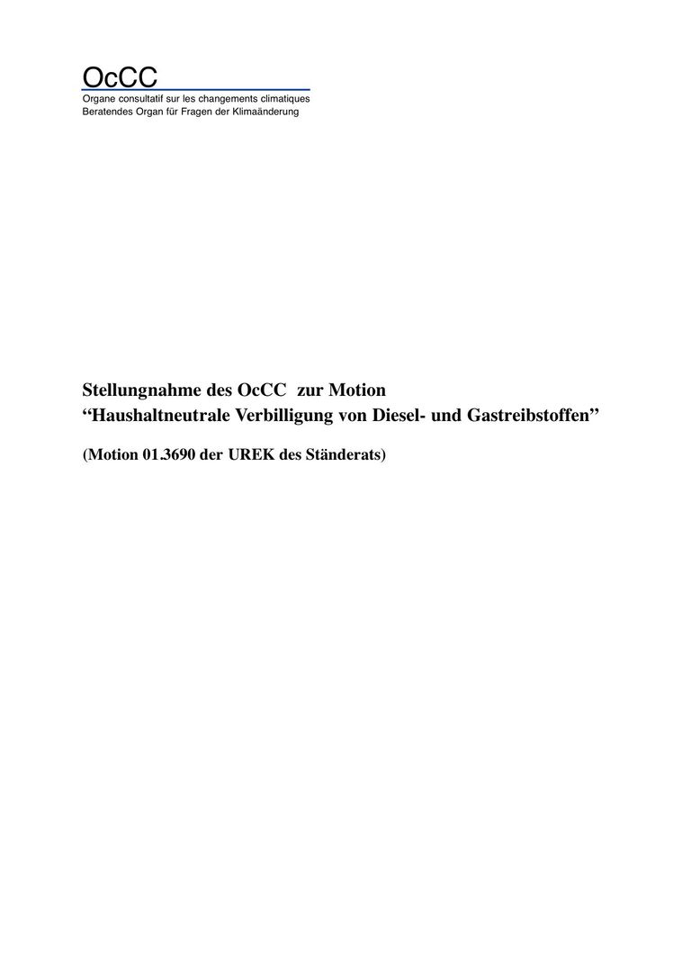 Stellungnahme: OcCC-Stellungnahme zur Motion “Haushaltneutrale Verbilligung von Diesel- und Gastreibstoffen”