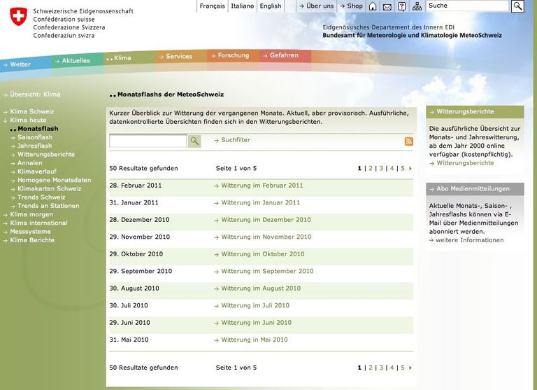Webseite der MeteoSchweiz: Monatliches Klimabulletin