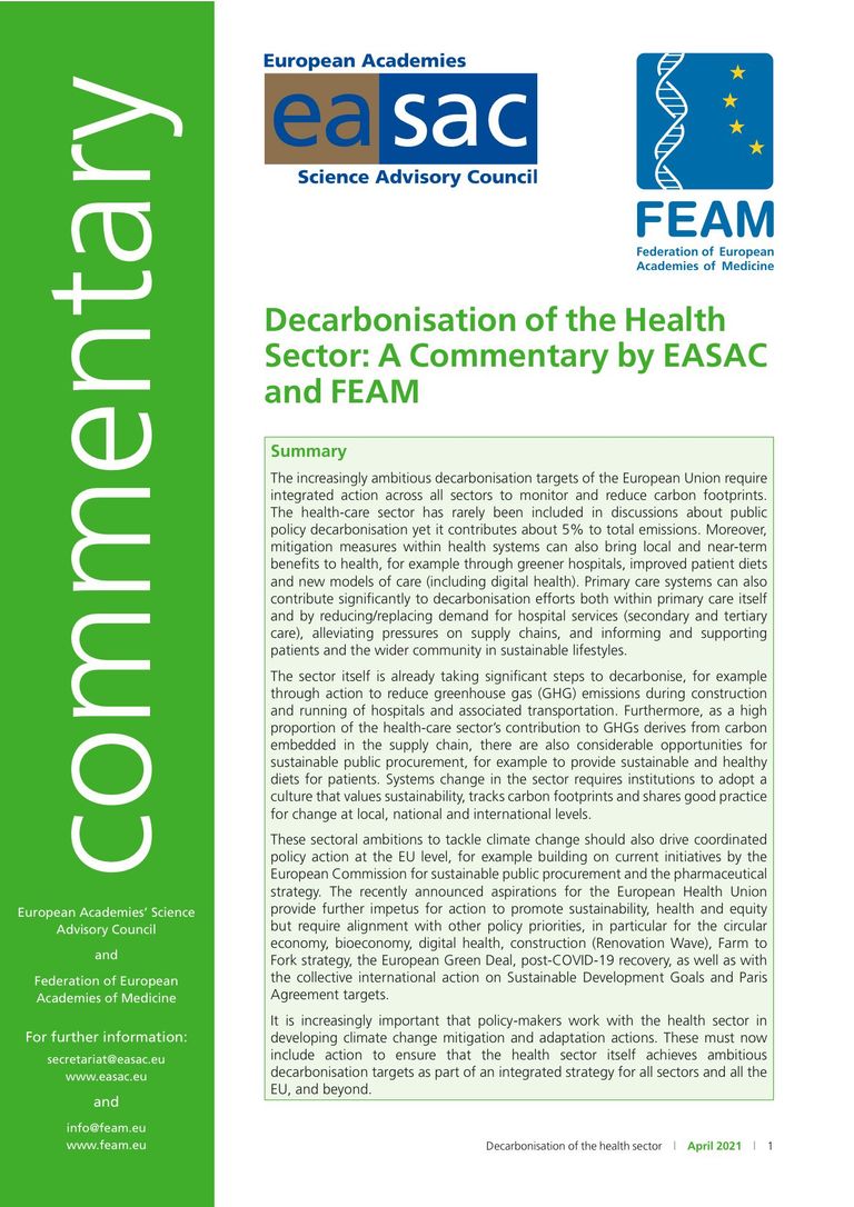 EASAC / FEAM Commentary "Decarbonisation of the health sector"