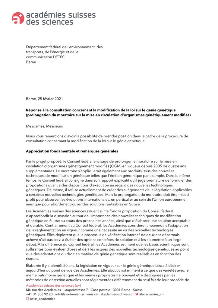 Académies suisses des sciences (2021) Prise de position prolongation moratoire génie génétique