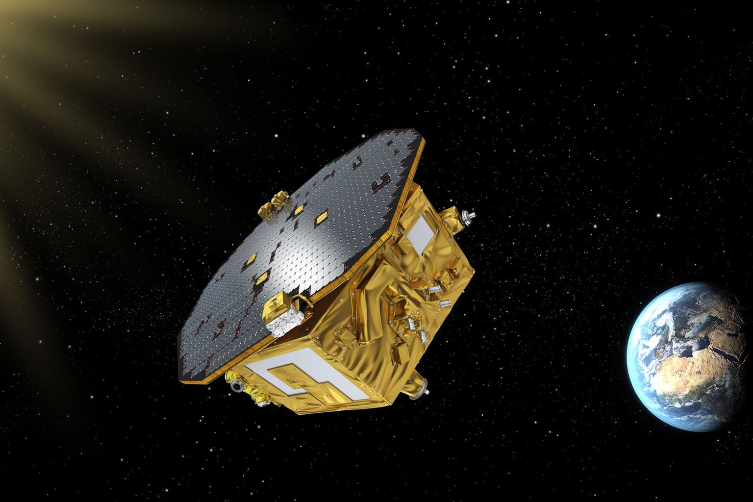 Visualisierung von LISA-Pathfinder im Weltraum.